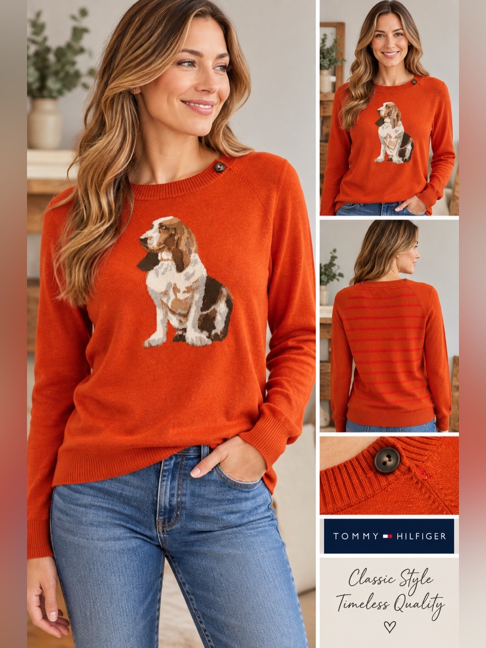 Tommy Hilfiger Orange Crewneck Sweater Basset Hound Dog Motif, Lightweight- sz S